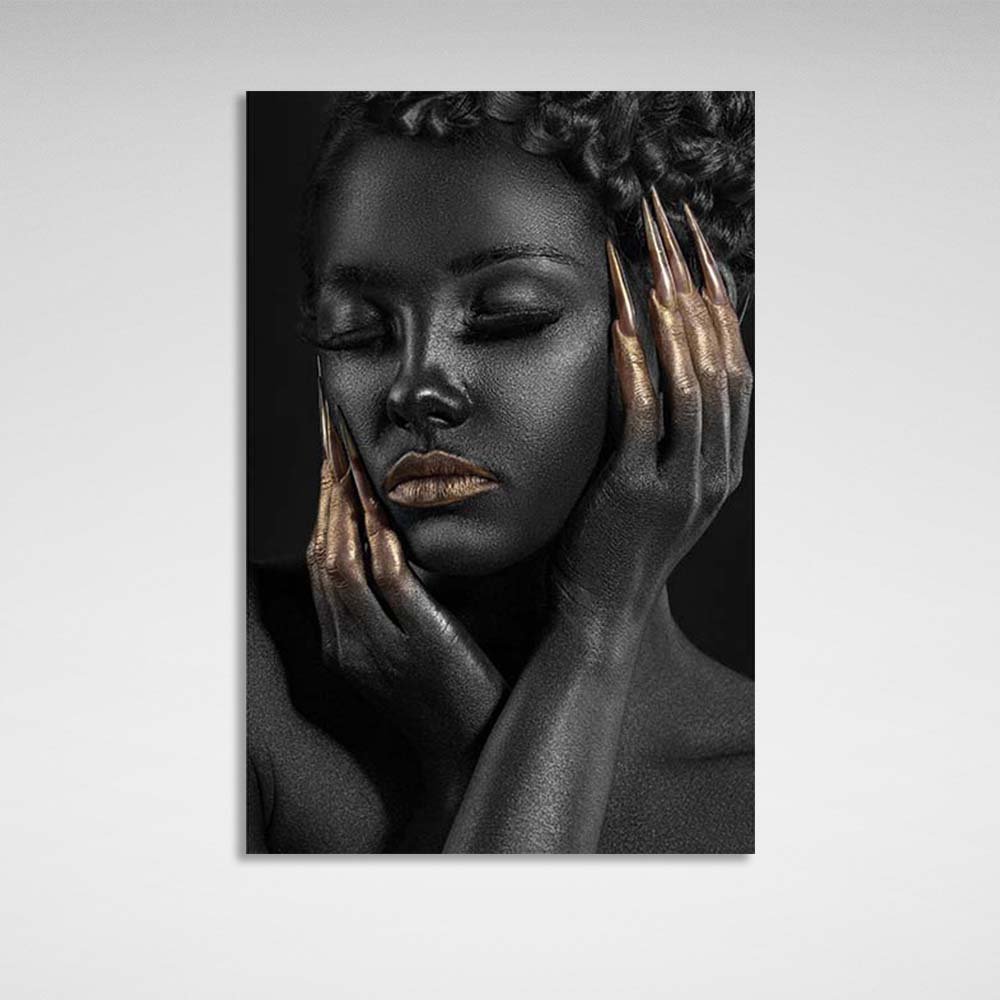 Canvas Wall Art Print Dark-skinned girl with golden manicure