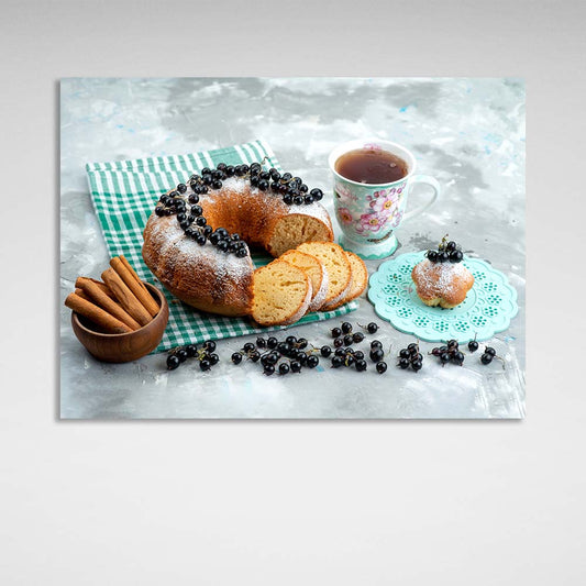 Tea, cinnamon and blackcurrant muffin Canvas Wall Art Print For Kitchen