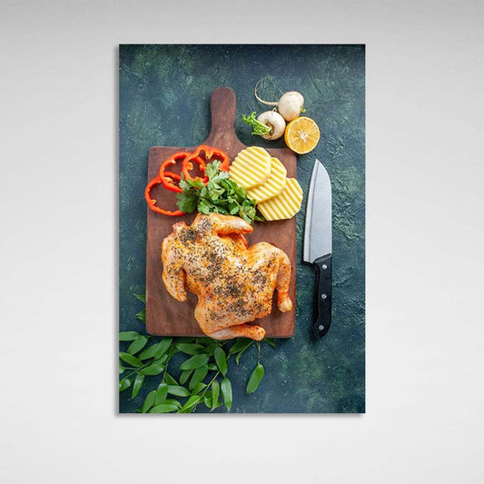 Canvas Wall Art Print For Kitchen Grilled chicken with vegetables on a board