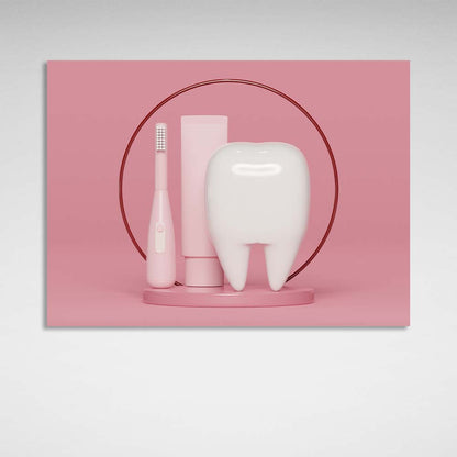 For dentistry tooth with brush and paste on pink background Canvas Wall Art Print