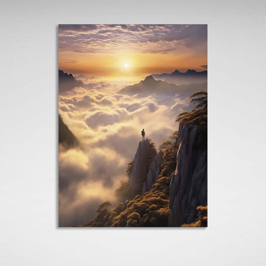 A man on a mountaintop welcomes the sunrise Canvas Wall Art Print