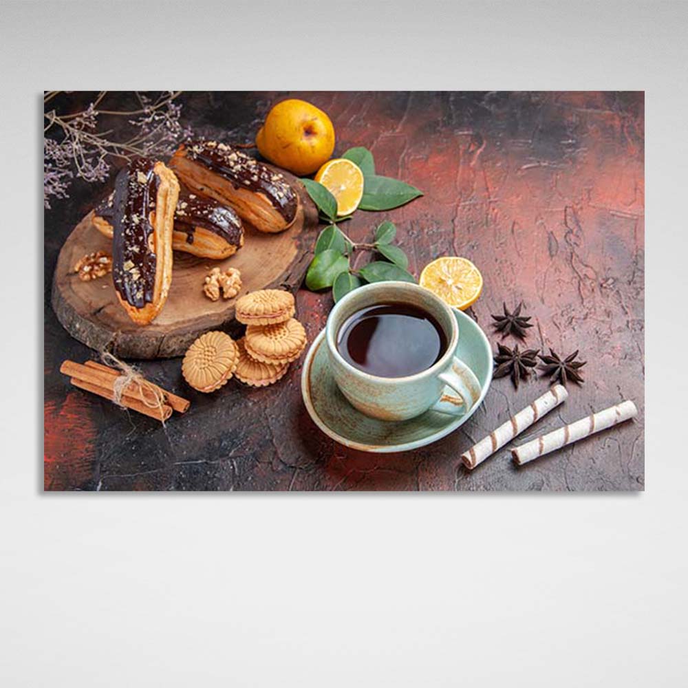 Canvas Wall Art Print For Kitchen Black tea with cinnamon and pastries