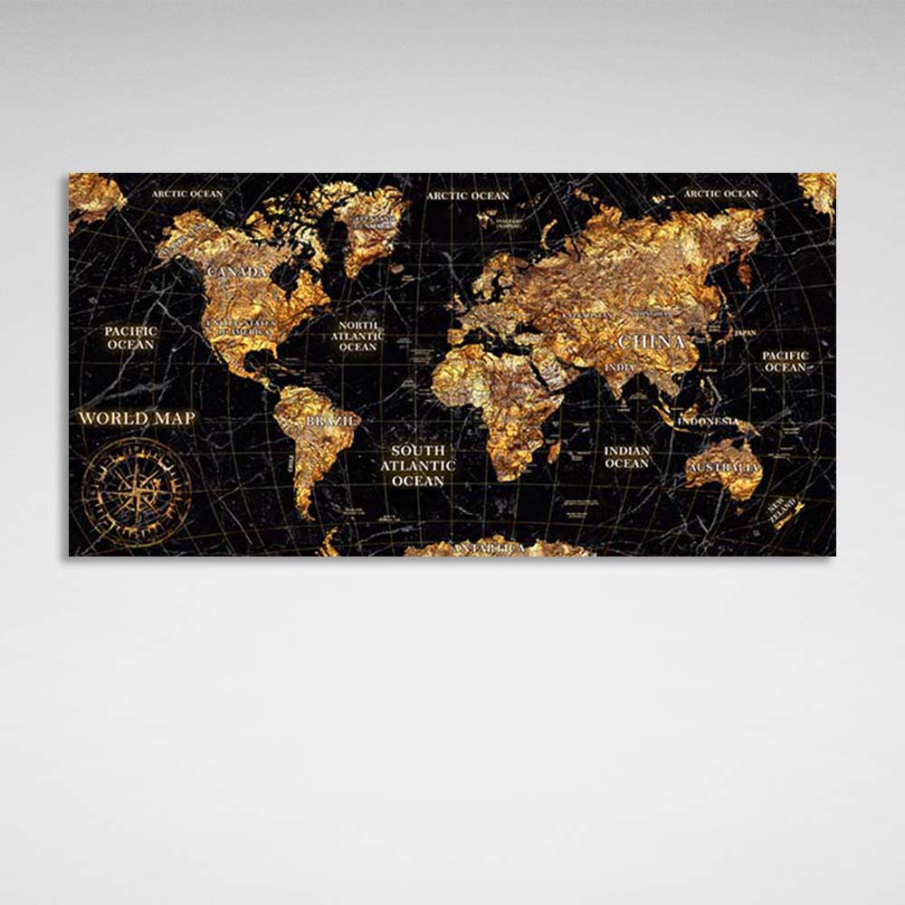 Canvas Wall Art Print Map of the New World black with gold 2