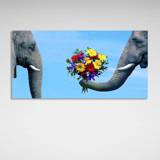 Canvas Wall Art Print Couple of elephants with a bouquet of flowers