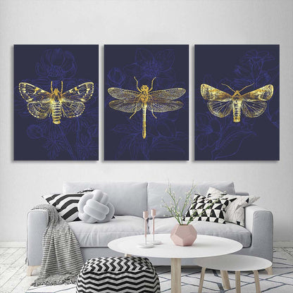 Multi Panel Canvas Wall Art Print Golden butterflies on dark blue background