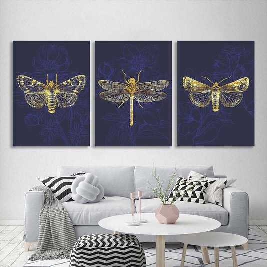 Multi Panel Canvas Wall Art Print Golden butterflies on dark blue background