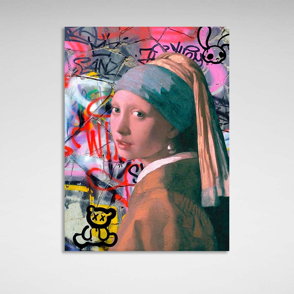 Canvas Wall Art Print Girl with a pearl earring on the background of cracked wall in garffiti