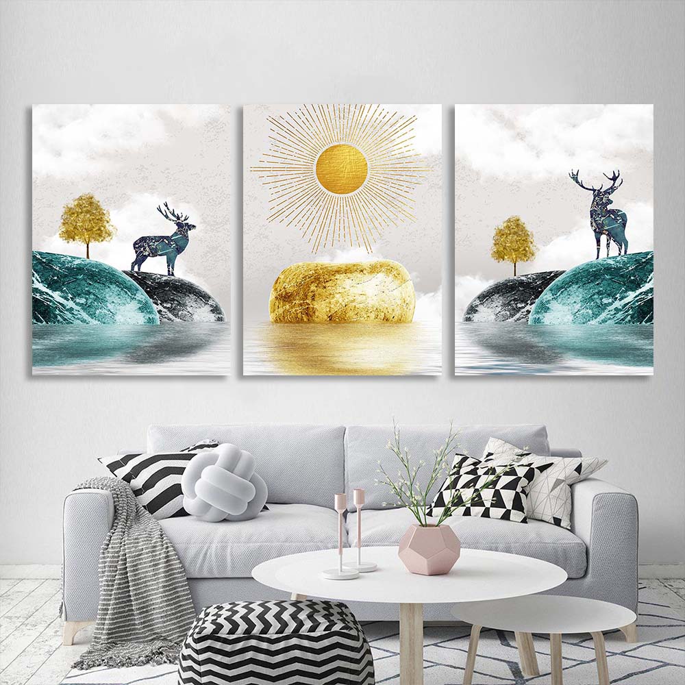 Multi Panel Canvas Wall Art Print Sun between two hills