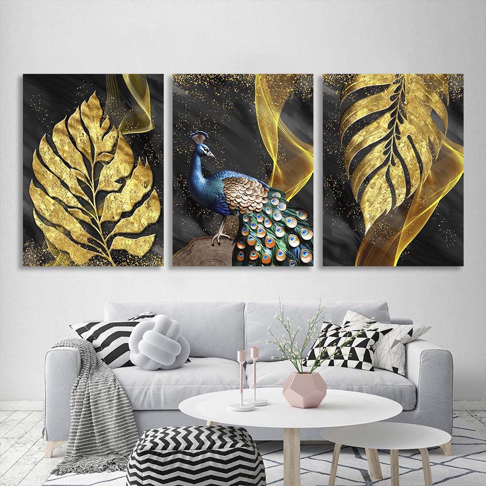 Multi Panel Canvas Wall Art Print Peacock in golden leaves