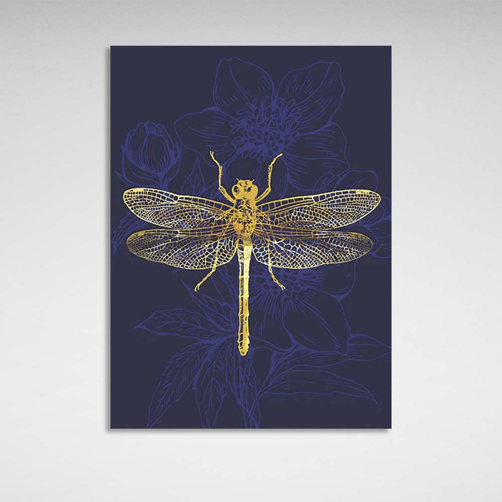 Canvas Wall Art Print Golden dragonfly on dark blue background