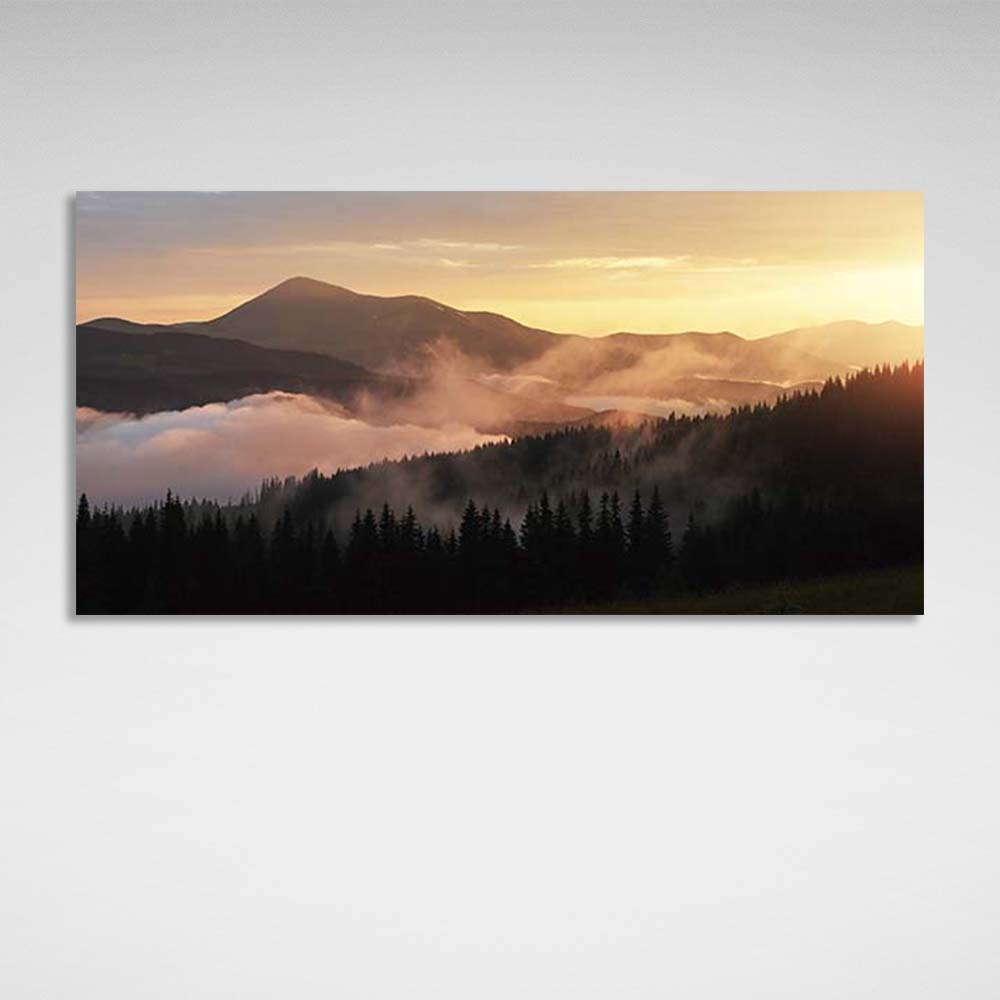 Canvas Wall Art Print Fog in the sunset mountains