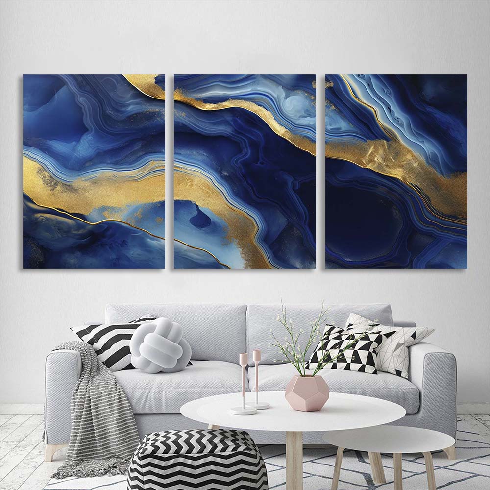 Multi Panel Canvas Wall Art Print  Deep blue marble with gold