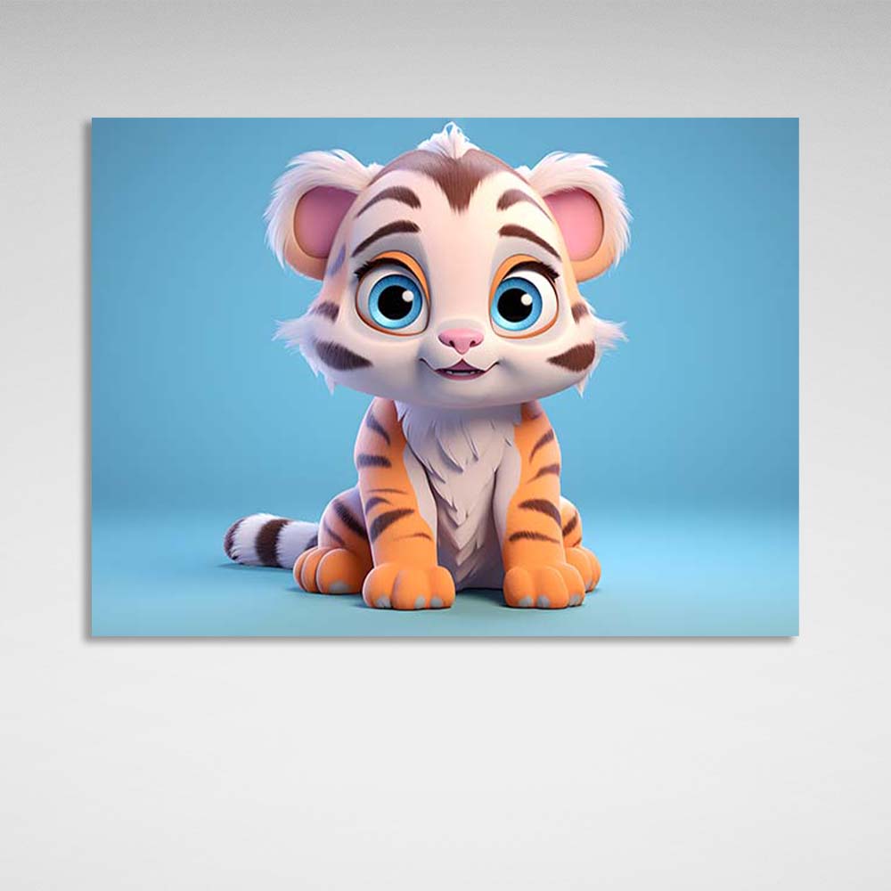 Canvas Wall Art Print Tiger cub with blue eyes on a blue background