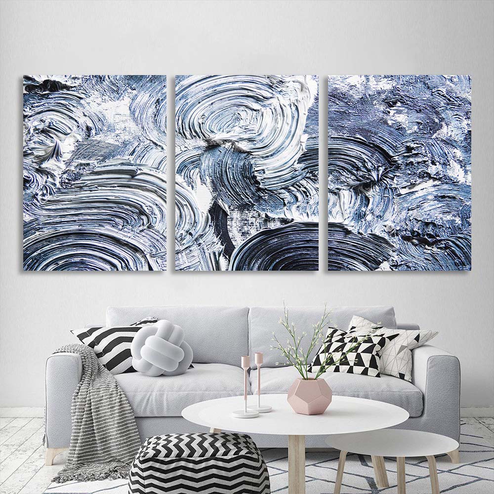 Multi Panel Canvas Wall Art Print Blue strokes on white paint