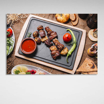 For the kitchen Shish kebab with baked potatoes and peppers Canvas Wall Art Print For Kitchen