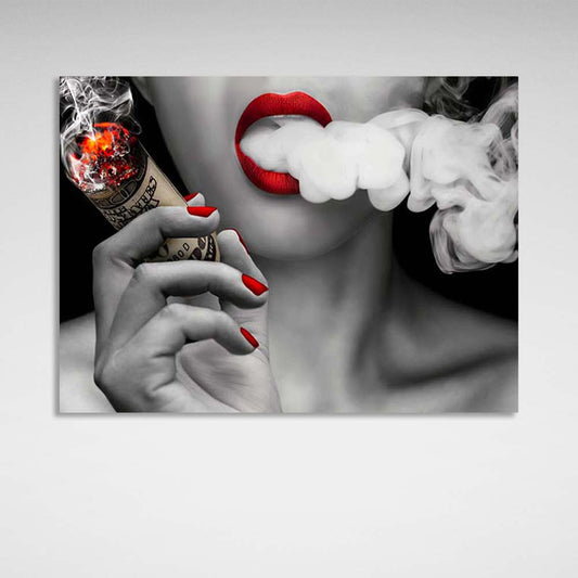 Canvas Wall Art Girl with a cigar of 100 dollars