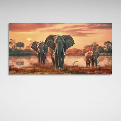 3 elephants by the lake Canvas Wall Art Print