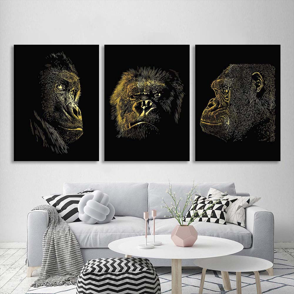 Multi Panel Canvas Wall Art Print Gorilla Head on a black background