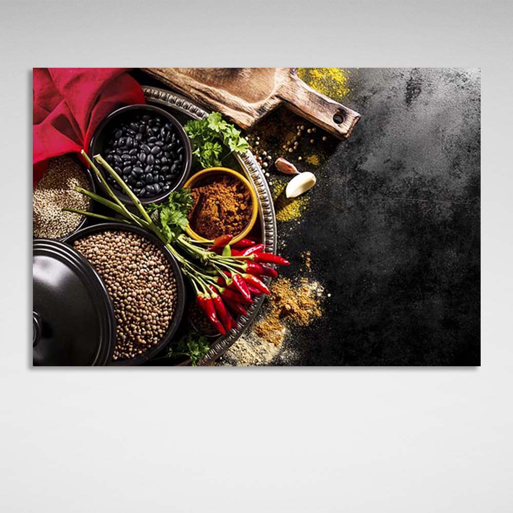 Canvas Wall Art Print For Kitchen Cereals with curry on dark gray background