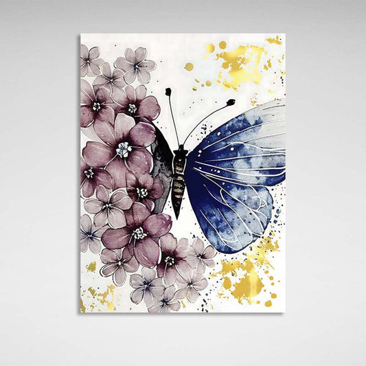 Canvas Wall Art Print Golden Watercolor butterfly on a flower field