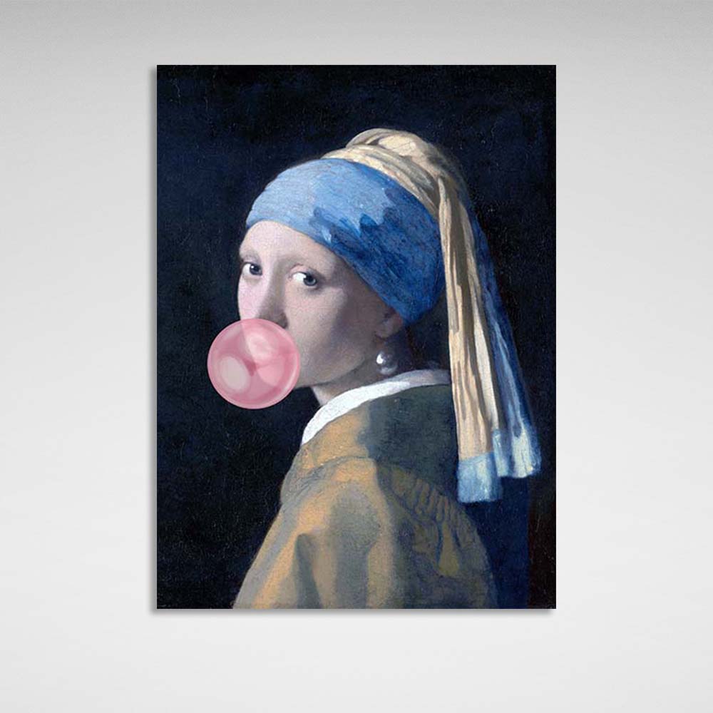 Canvas Wall Art Print Girl with pearl earring and pink bubblegum