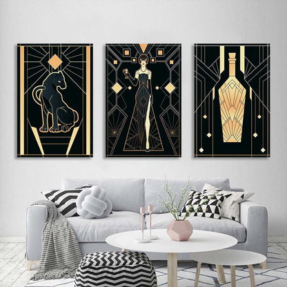 Multi Panel Canvas Wall Art Print Woman, panther and bottle in Art-Deco style