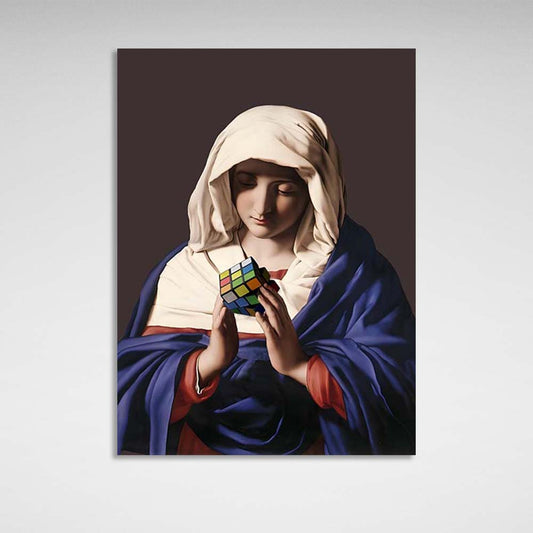 Canvas Wall Art Print Virgin Mary with rubik's cube