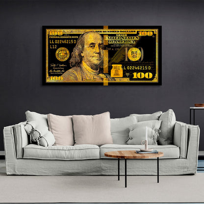 100 Dollar Bill Black And Gold Motivational Canvas Wall Art Print