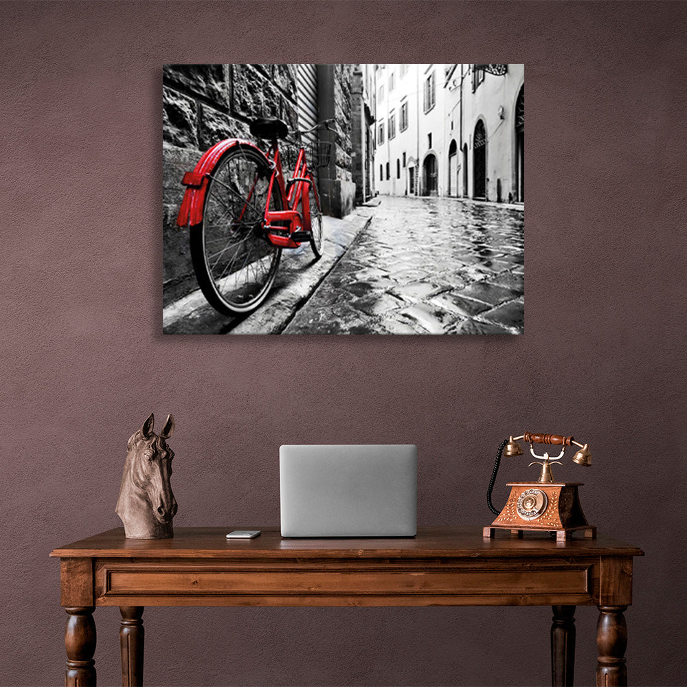 Black and white coloring of the street with a bright red bicycle Canvas Wall Art Print