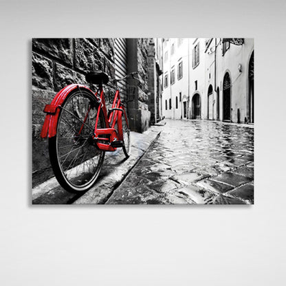 Black and white coloring of the street with a bright red bicycle Canvas Wall Art Print