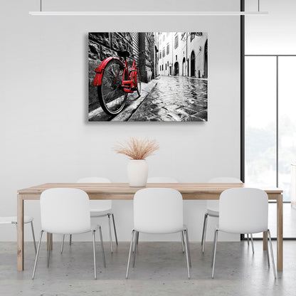 Black and white coloring of the street with a bright red bicycle Canvas Wall Art Print