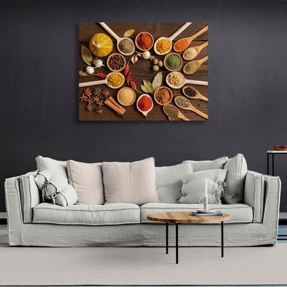 Spoons with a variety of spices are displayed in a circle Canvas Wall Art Print For Kitchen