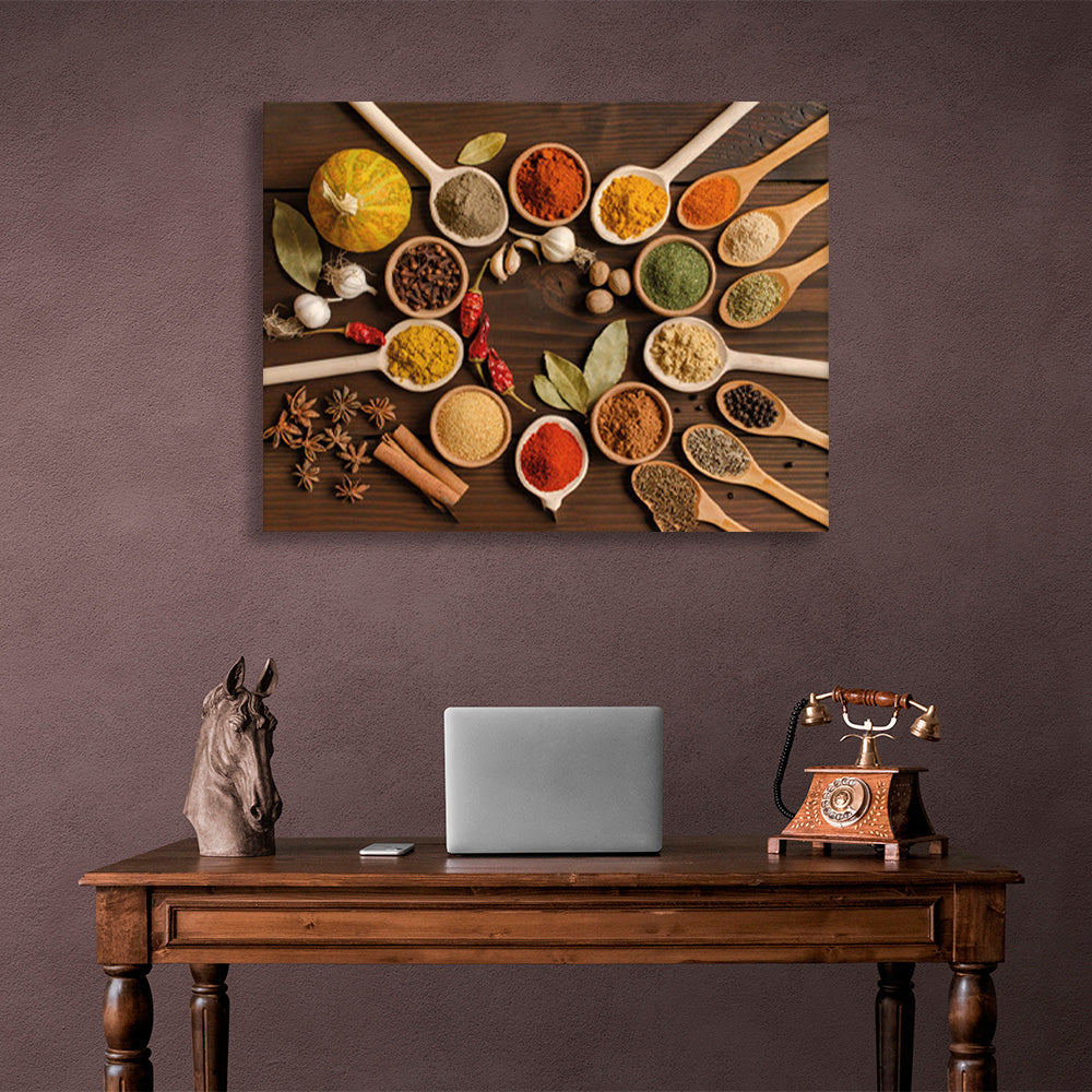 Spoons with a variety of spices are displayed in a circle Canvas Wall Art Print For Kitchen