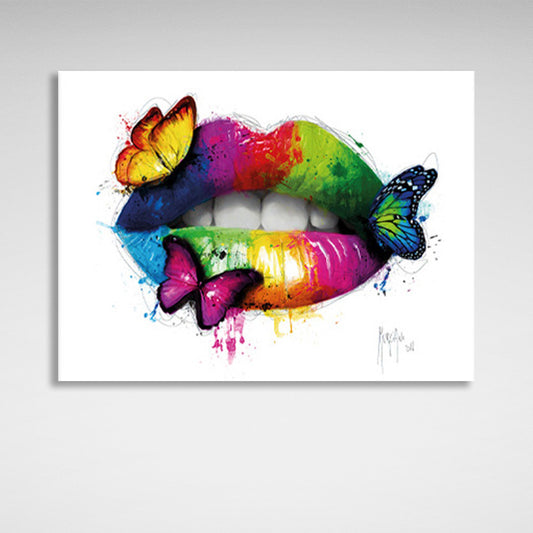 Lips in rainbow hues with three butterflies Canvas Wall Art Print