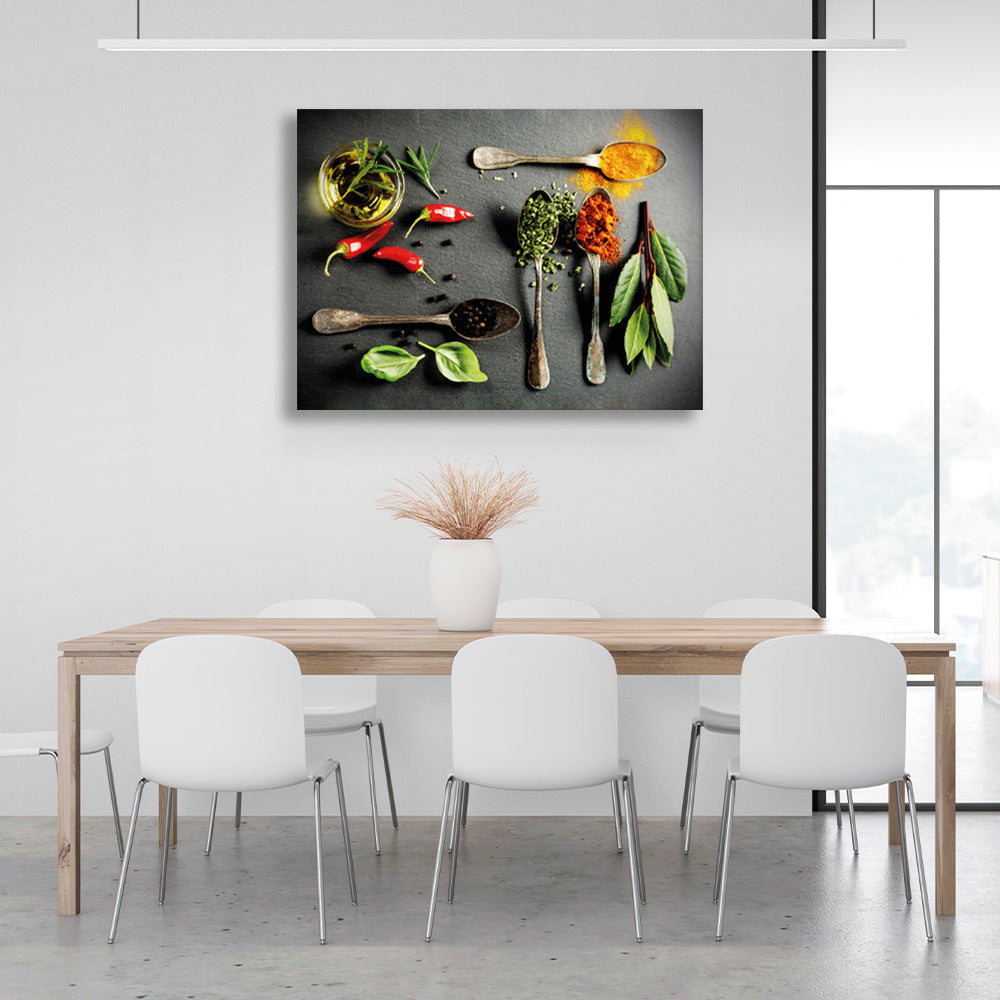 4 spoons with spices Canvas Wall Art Print For Kitchen