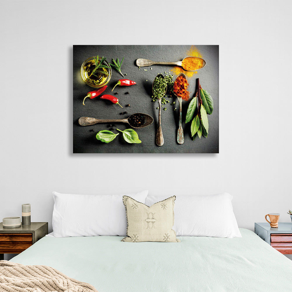 4 spoons with spices Canvas Wall Art Print For Kitchen