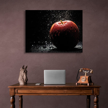 Wet apple with water drops on black background Canvas Wall Art Print For Kitchen