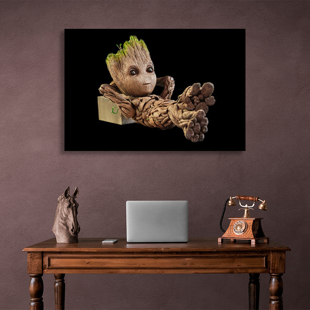 Little Groot on a black background Canvas Wall Art Print