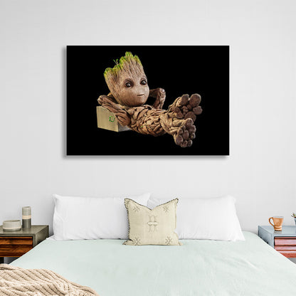 Little Groot on a black background Canvas Wall Art Print