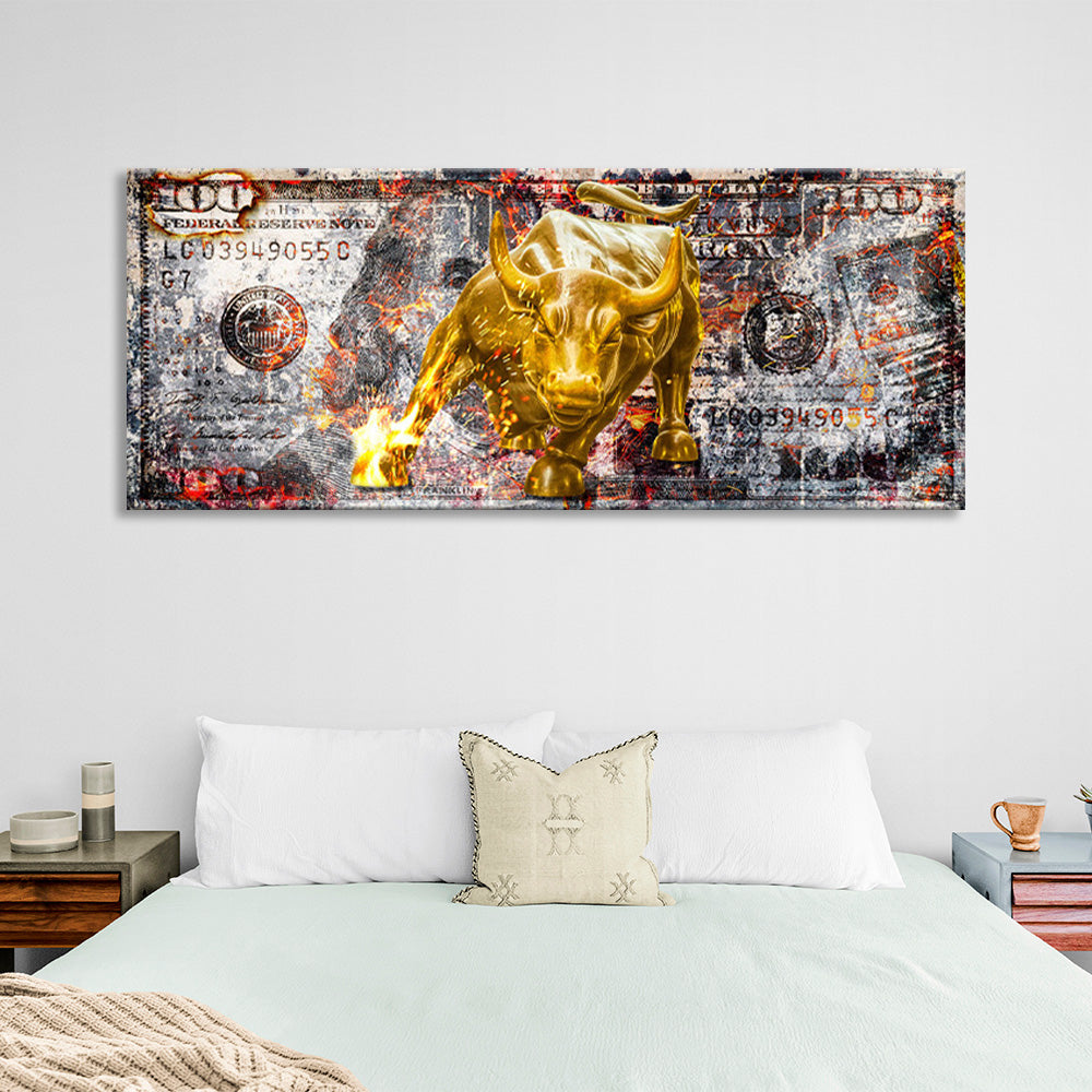 A gold bull on a 100-dollar bill Inspirational Canvas Wall Art Print