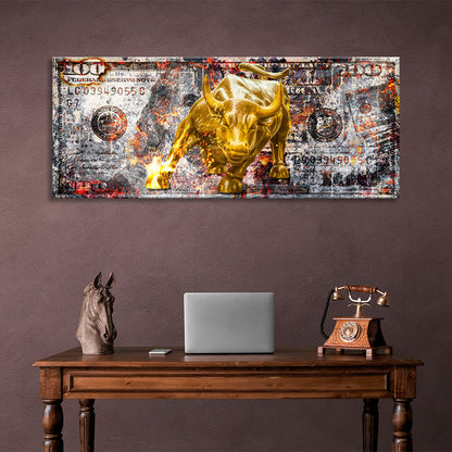 A gold bull on a 100-dollar bill Inspirational Canvas Wall Art Print