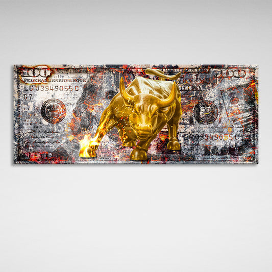 A gold bull on a 100-dollar bill Inspirational Canvas Wall Art Print