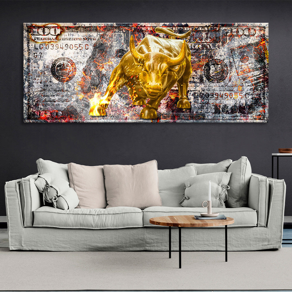 A gold bull on a 100-dollar bill Inspirational Canvas Wall Art Print