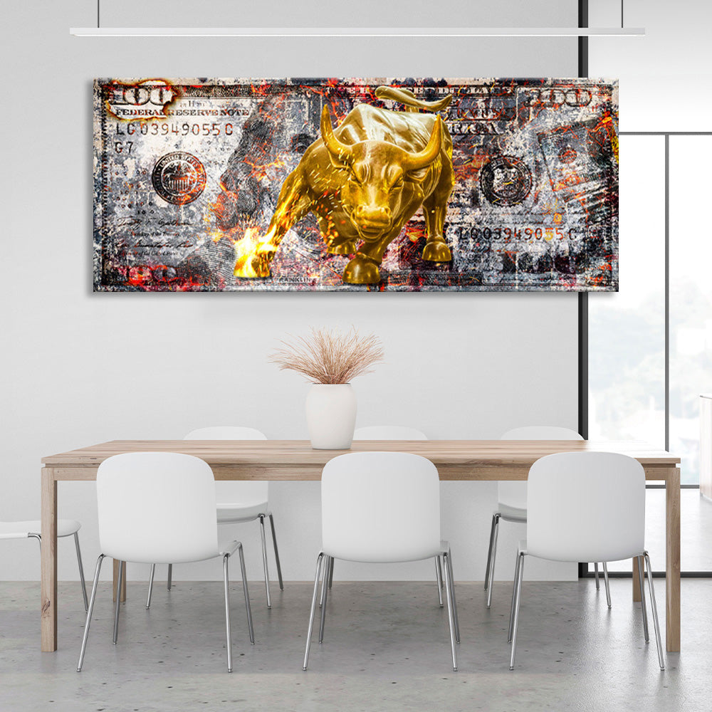 A gold bull on a 100-dollar bill Inspirational Canvas Wall Art Print