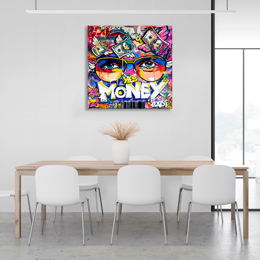 Graffiti that says "Yes Money" Inspirational Canvas Wall Art Print