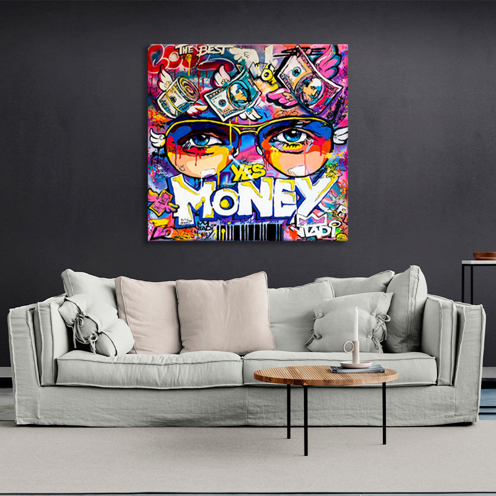 Graffiti that says "Yes Money" Inspirational Canvas Wall Art Print