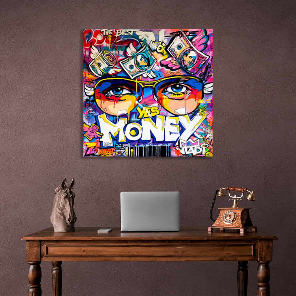 Graffiti that says "Yes Money" Inspirational Canvas Wall Art Print