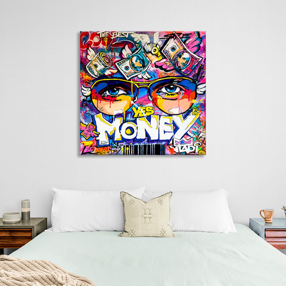 Graffiti that says "Yes Money" Inspirational Canvas Wall Art Print