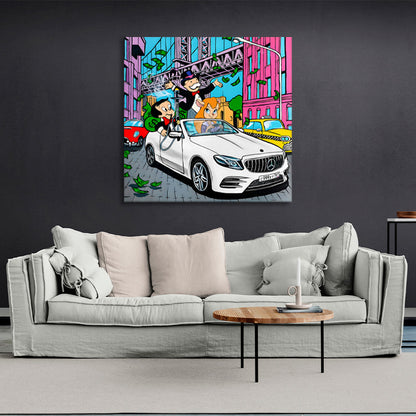 Monopoly man in the car Canvas Wall Art Print