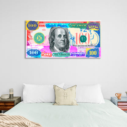 A multi-colored hundred dollar bill Inspirational Canvas Wall Art Print